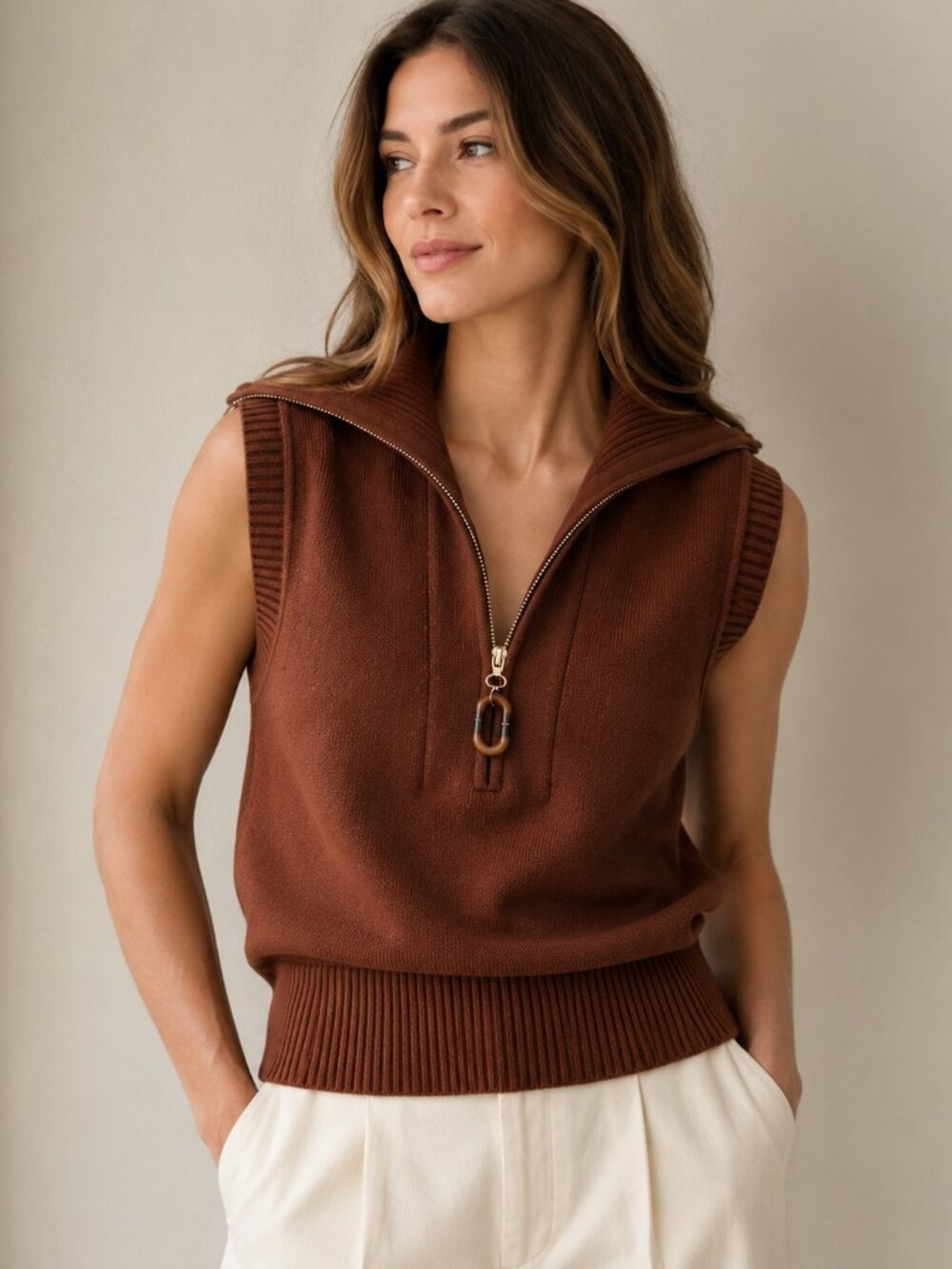 House of Harlow 1960 Half Zip Sweater Vest Brown Size L Ribbed Cropped